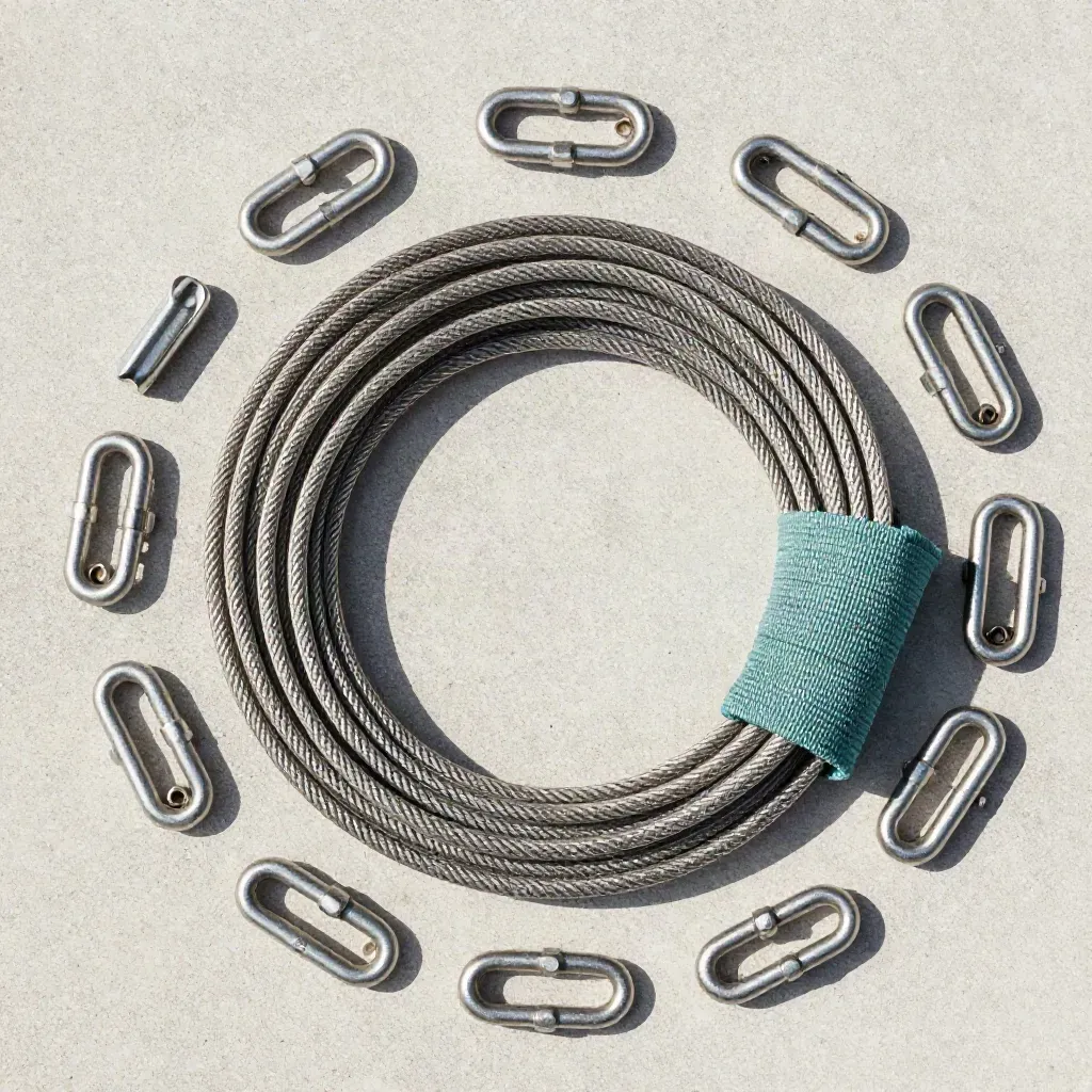 Marine shackles, clevis pins, and coiled wire rope on pale concrete with teal accent.