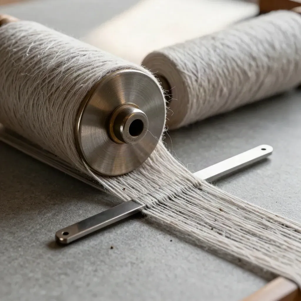 Top-down textile close-up with wool roving, a metal bobbin, and a loom shuttle.