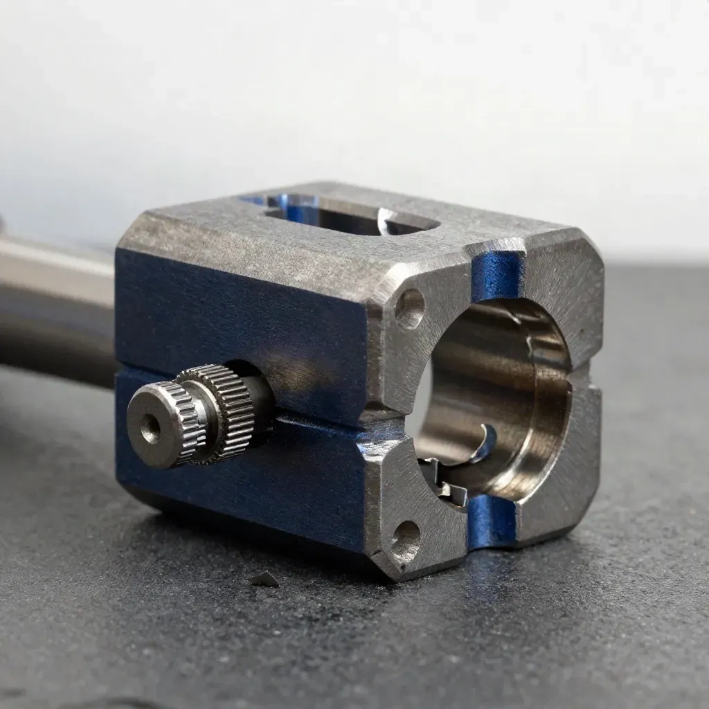 Heat-blued forged billet with steel offcuts and a chuck key on charcoal stone