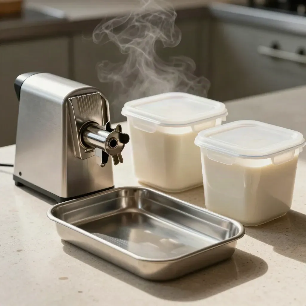 Stainless trays and food bins on brushed stone in a dramatic kitchen still life.