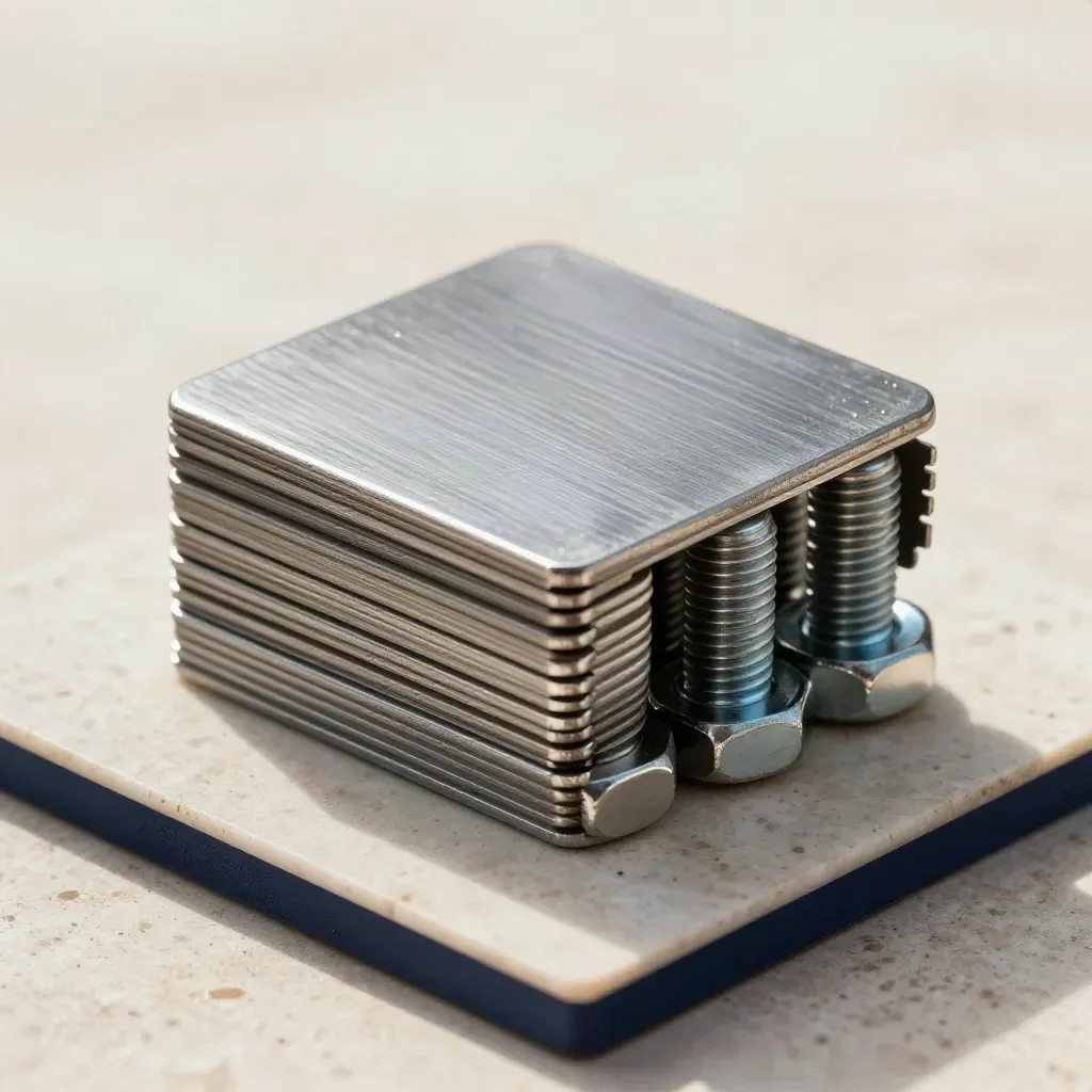 Steel coupons, bolts, and a magnetic square on pale stone with navy accent