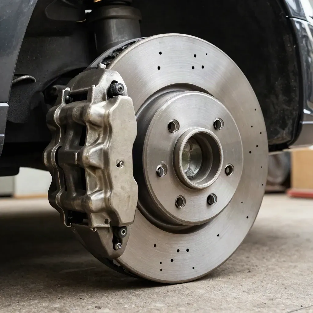 Brake rotor, bearing hub, and caliper brackets on dark metal with dramatic garage light