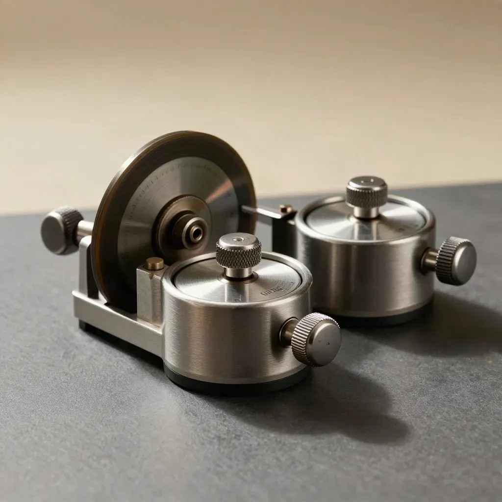 Two industrial tally counters with timing discs and a steel divider on graphite, lit dramatically