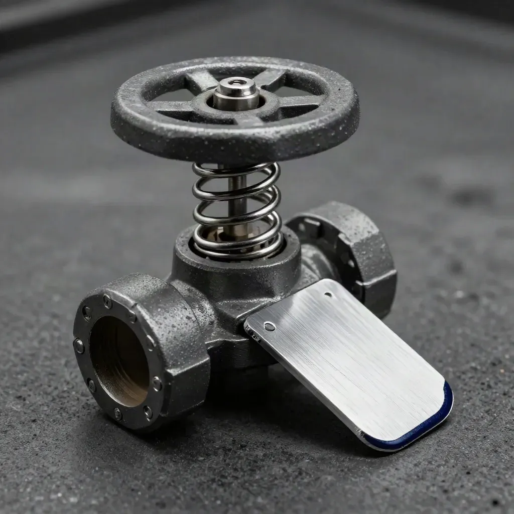 Extreme macro of a gate valve, compressed spring, and aluminum tab under skimming industrial light.
