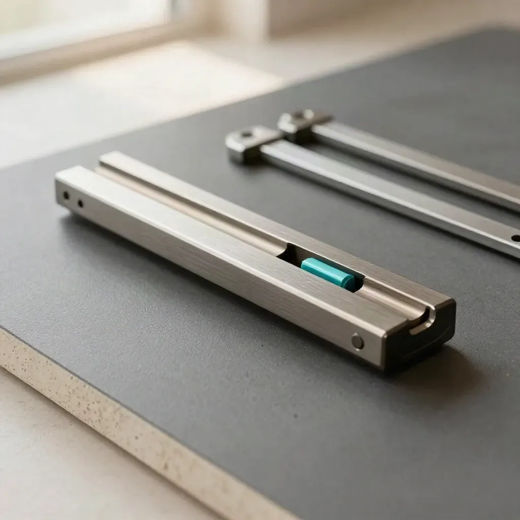 Macro sequencing rail with sliding aluminum markers and clip rails on graphite surface.