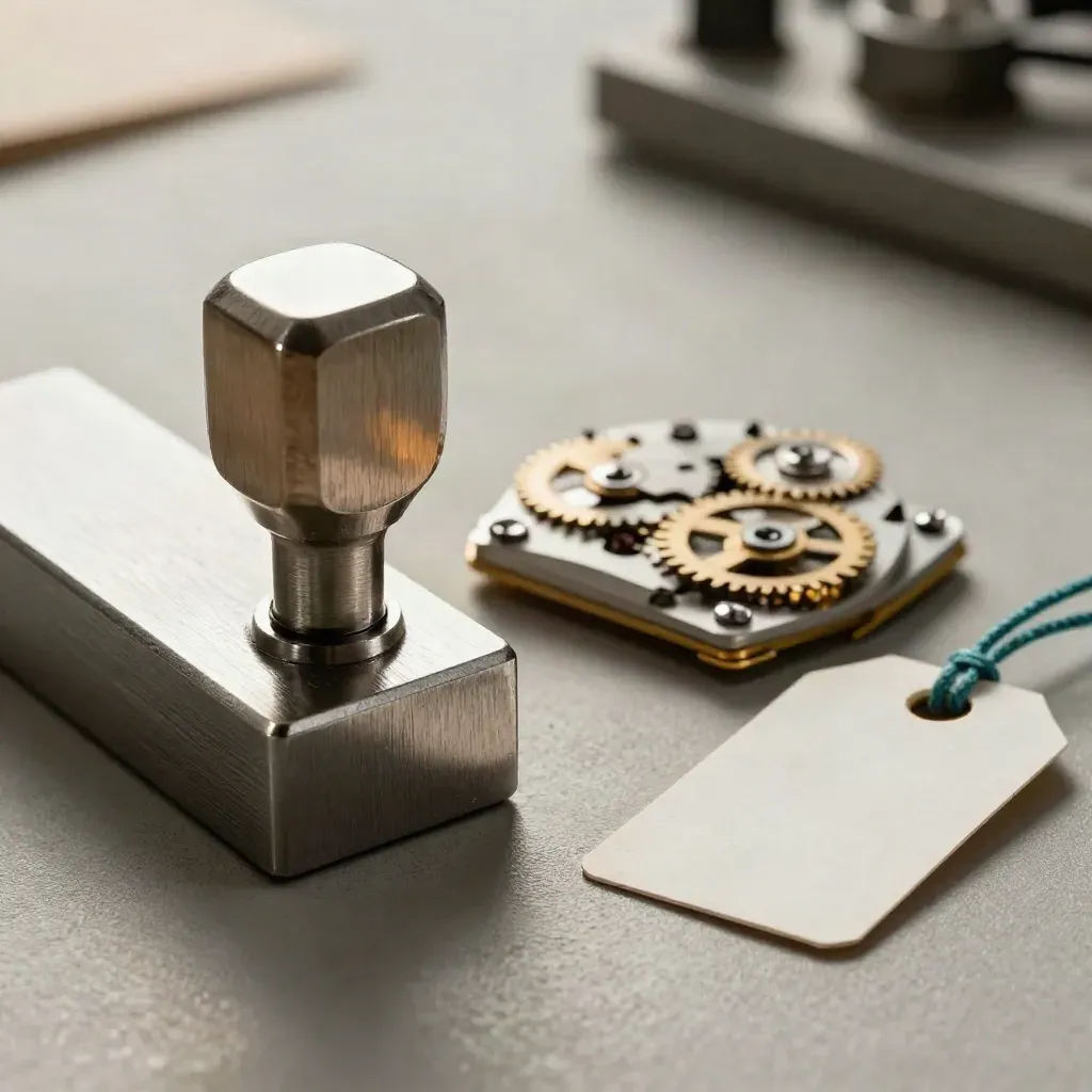 Brushed stamp block, clockwork module, and turned blank inspection tag on a factory bench.