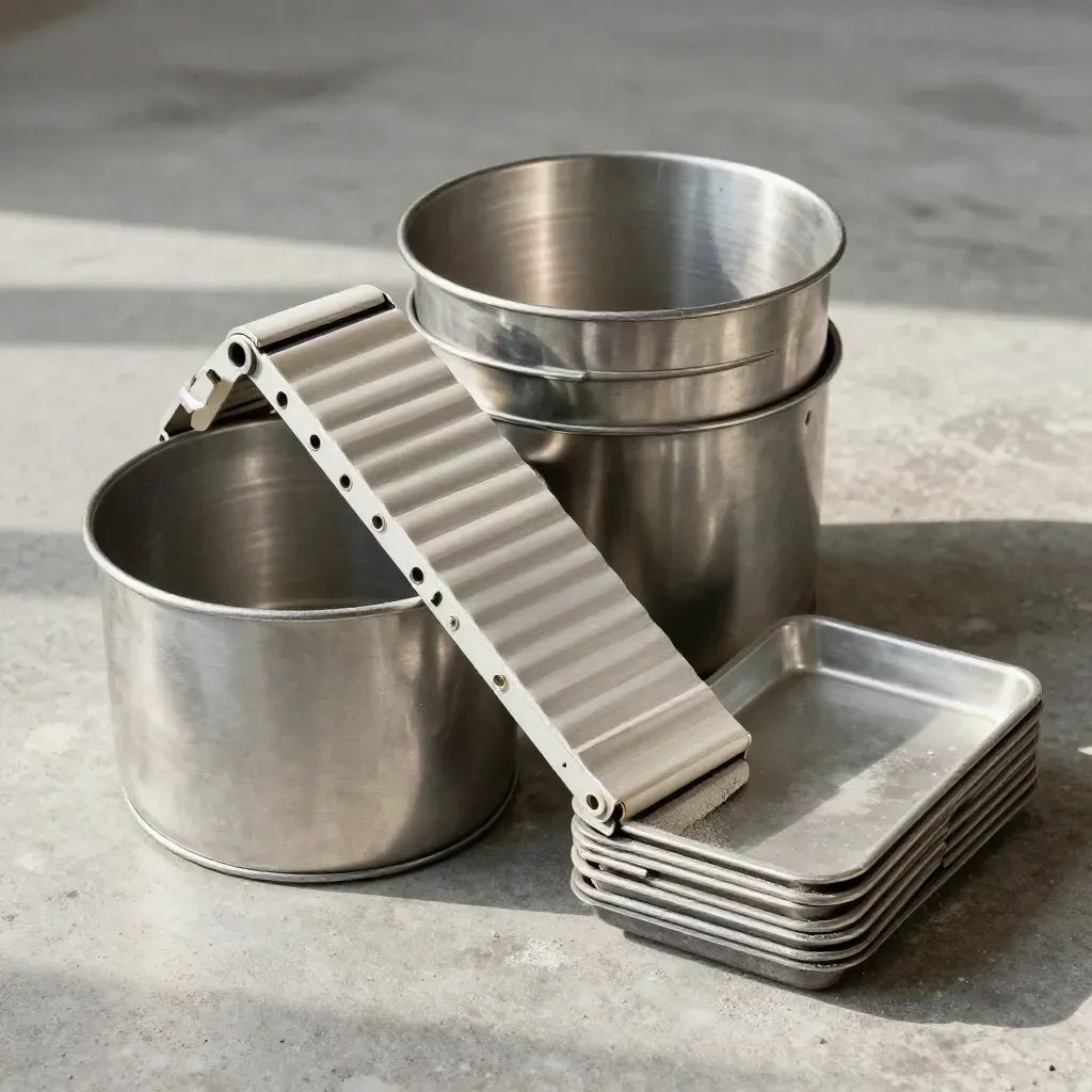 Top-down industrial still life of nested stainless bins, roller segment, and stacked parts trays on concrete.