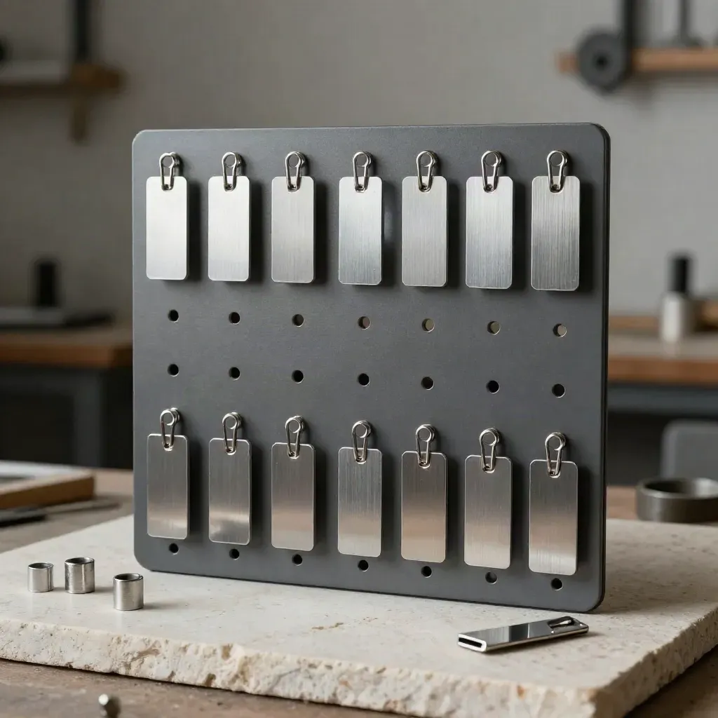 Magnetic pegboard with steel clips and aluminum action tabs on pale stone in dramatic studio light.