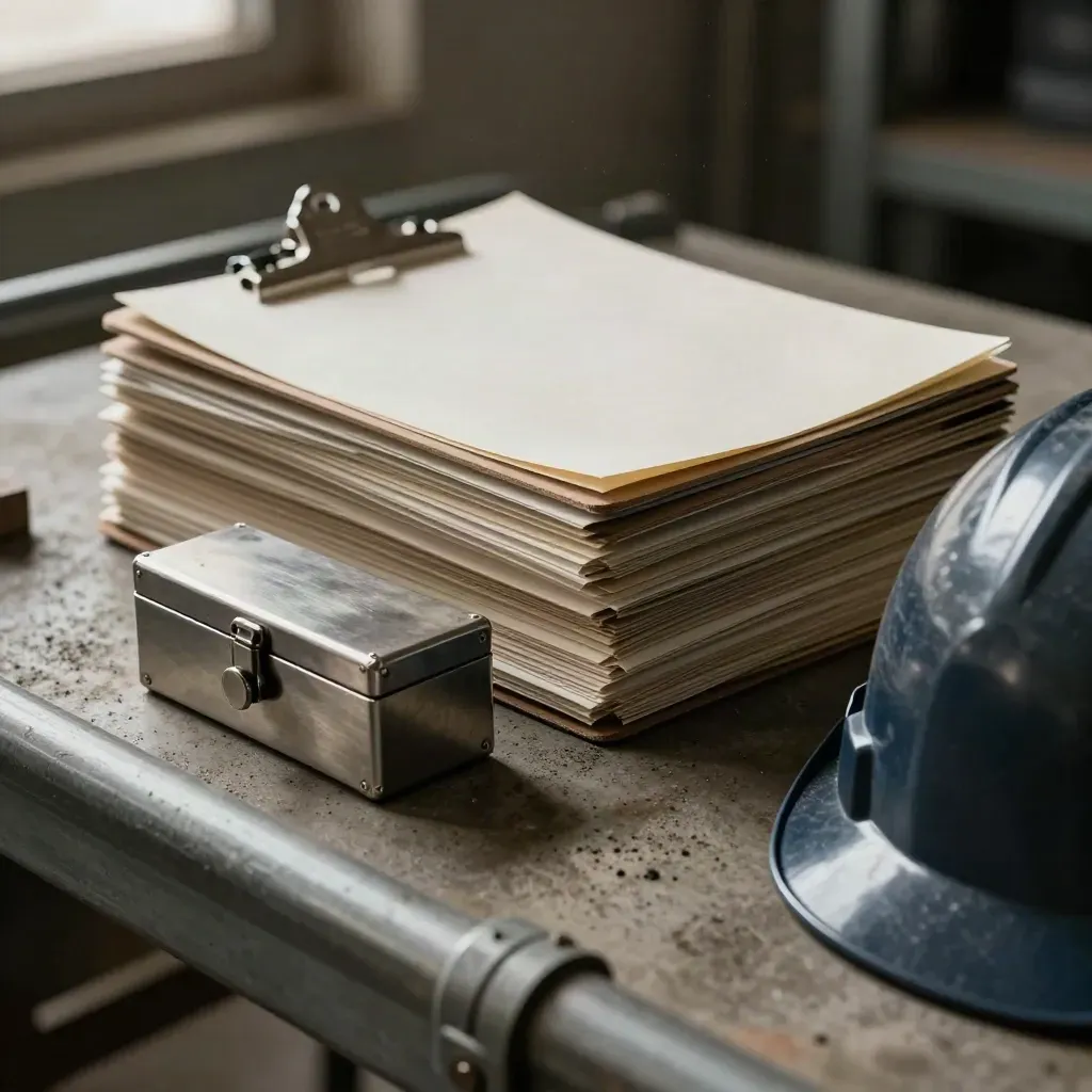 Rugged clipboard stack, hardhat visor, and metal timekeeper box on an industrial workbench.