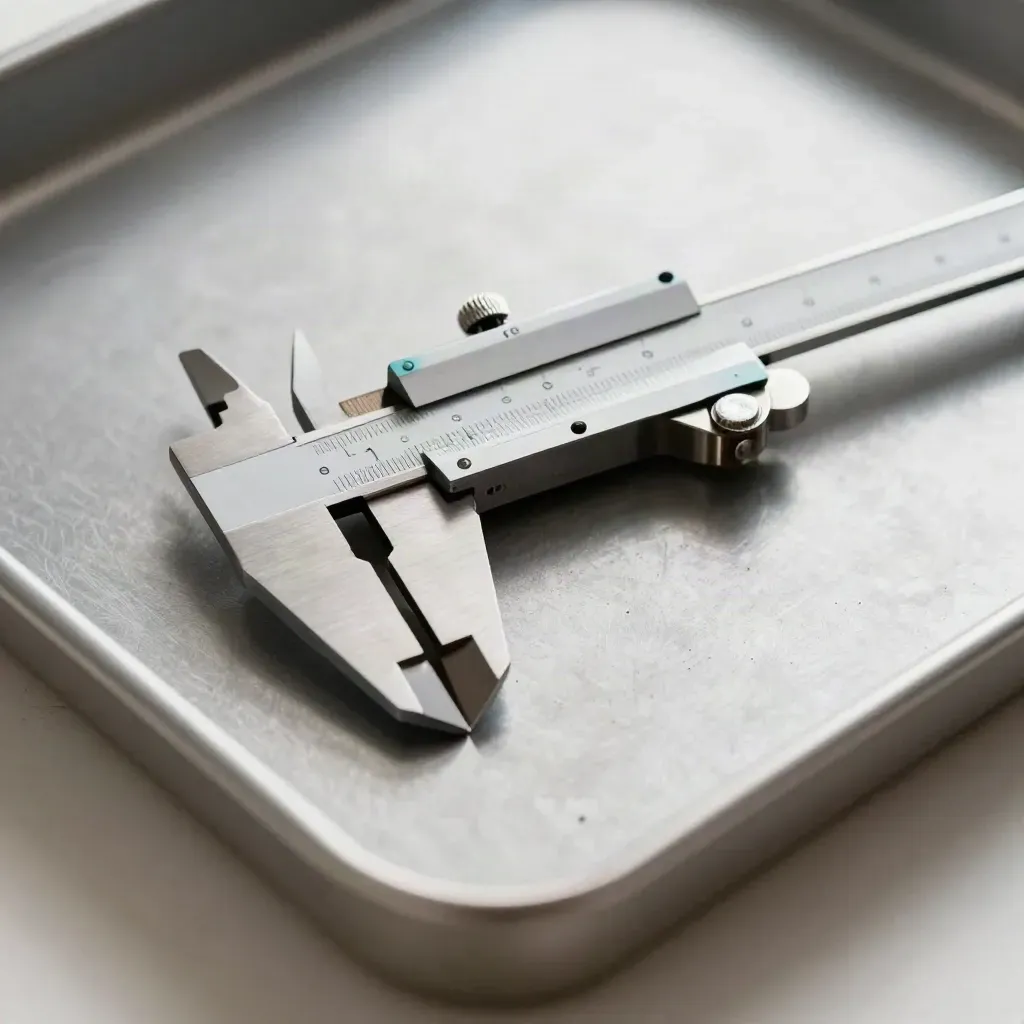Caliper and gauge blocks fanned beside a sample edge on brushed steel under hard studio light.