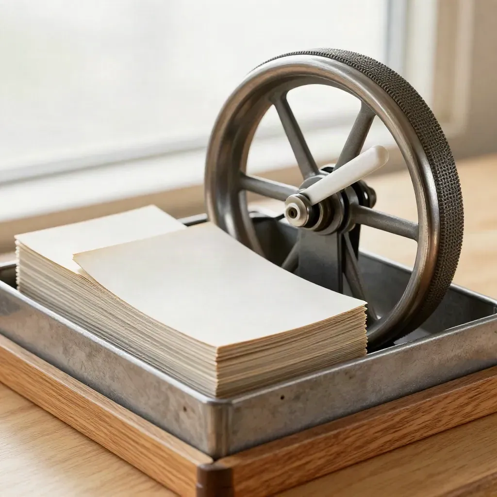 Industrial tally wheel beside face-down job cards in a metal tray on a workshop shelf.