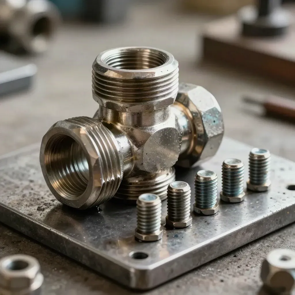 Macro of threaded pipe fittings, a machined coupler, and hex bolts on a soot-dusted metal surface.