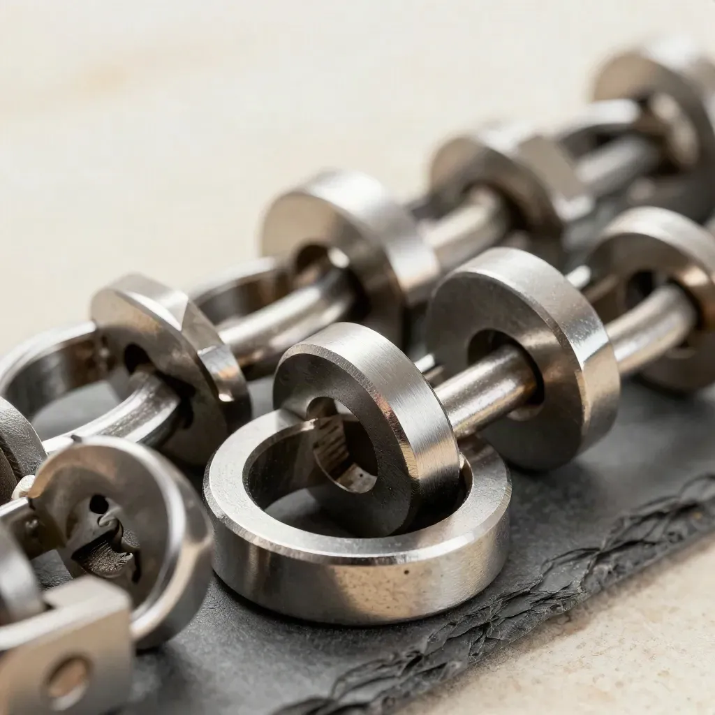 Macro still life of machined links and connector blocks on brushed stone with soft rim light.