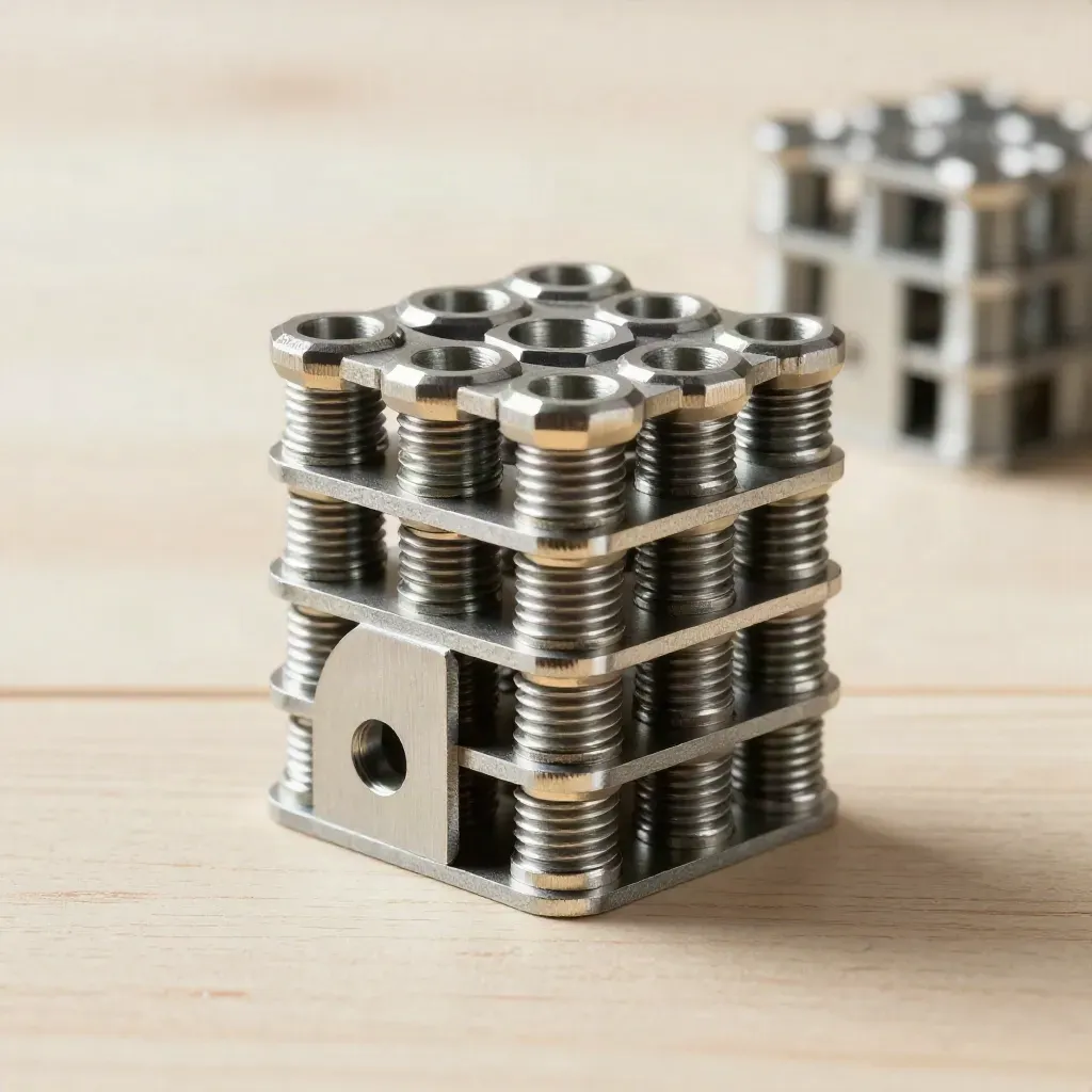 Dramatic still life of hex standoffs and aluminum brackets stacked on pale wood, lit with soft haze.