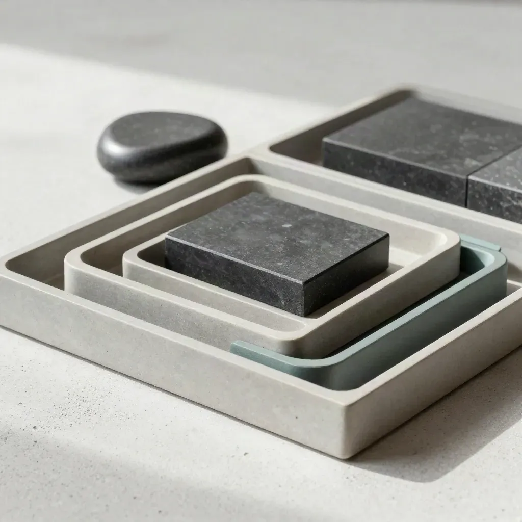 Overhead still life of modular trays, dovetail blocks and a stone paperweight on pale concrete.