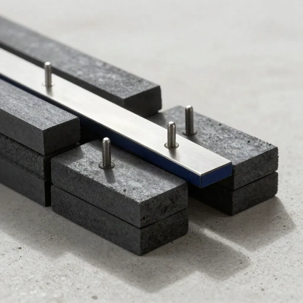 Overhead close-up of graphite blocks, steel bridge, and alignment pins on cool concrete.