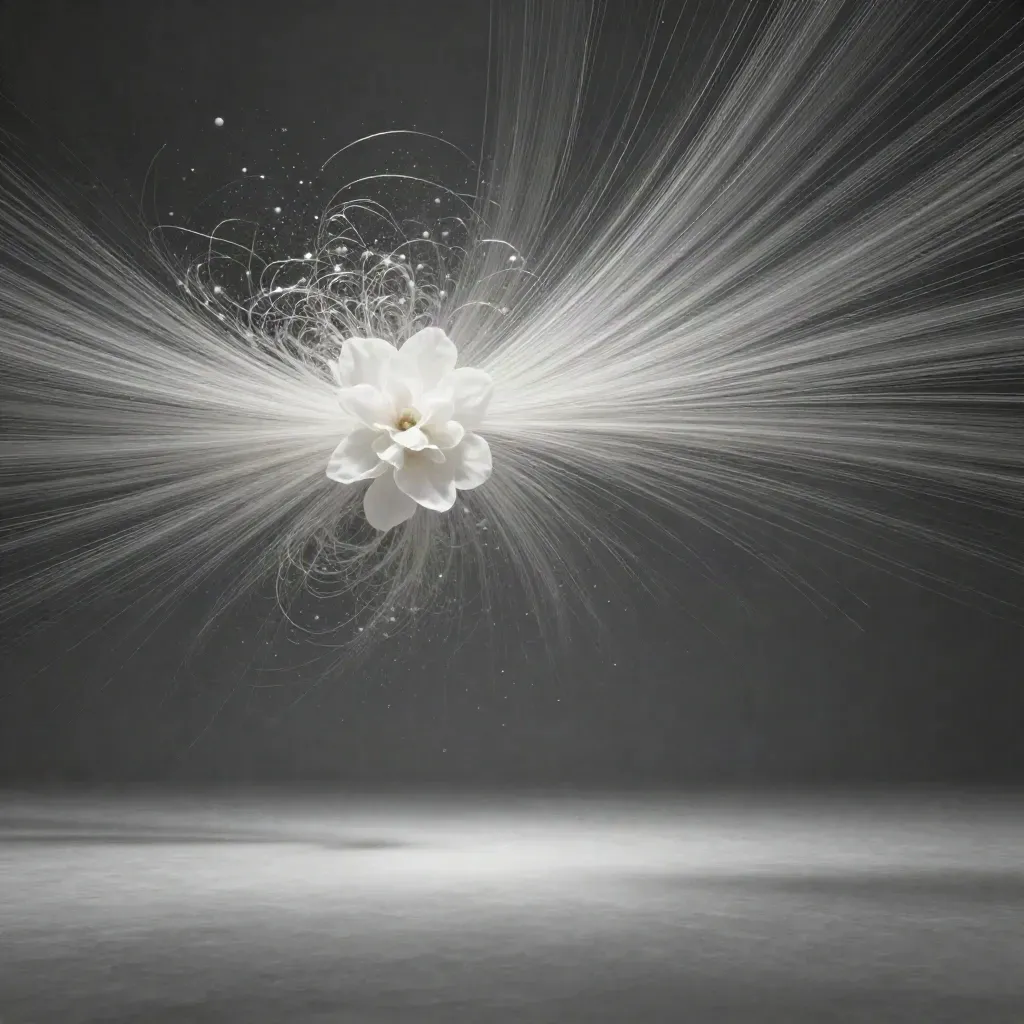 Silver light filaments bloom in graphite space with a calm empty lower third.